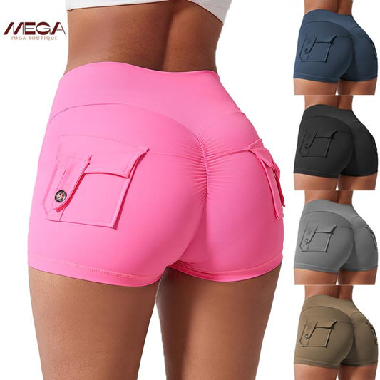 Women All-Season High Waist Ruched Skinny Sports Shorts - Cool Breathable Solid Button Pocket