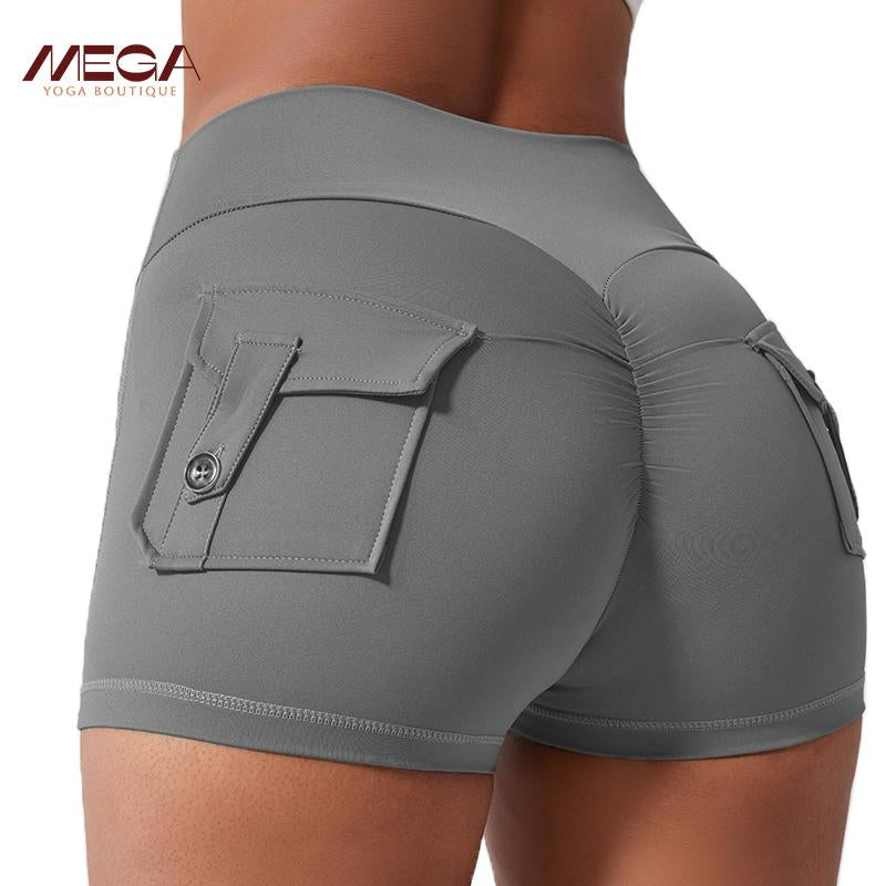Women All-Season High Waist Ruched Skinny Sports Shorts - Cool Breathable Solid Button Pocket