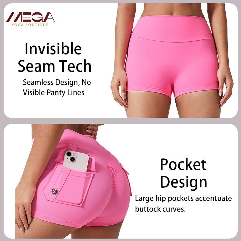 Women All-Season High Waist Ruched Skinny Sports Shorts - Cool Breathable Solid Button Pocket