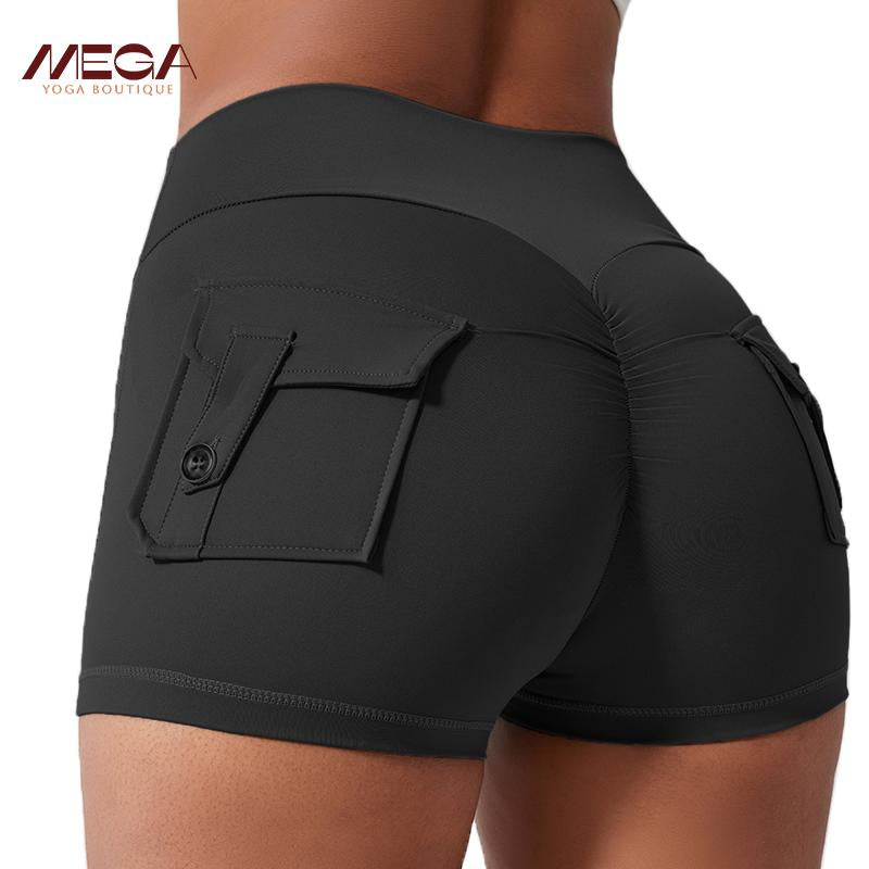Women All-Season High Waist Ruched Skinny Sports Shorts - Cool Breathable Solid Button Pocket