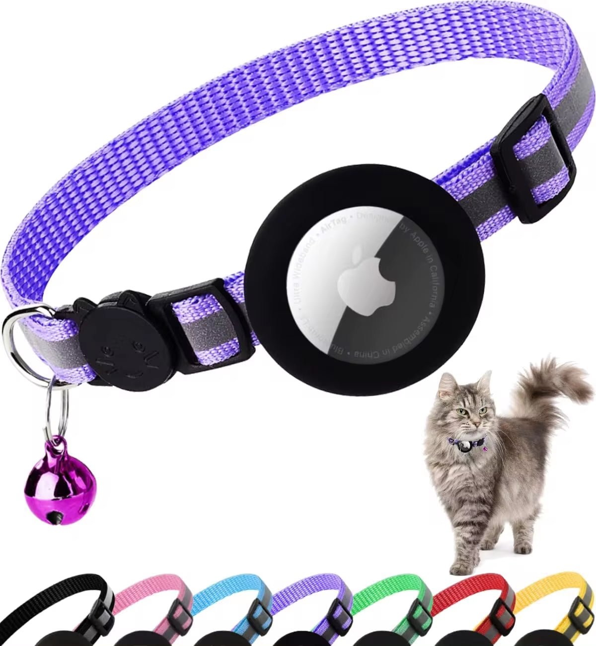 Reflective Kitten Collar with Apple Air Tag Holder and Bell for Cats, 0.4 Inches