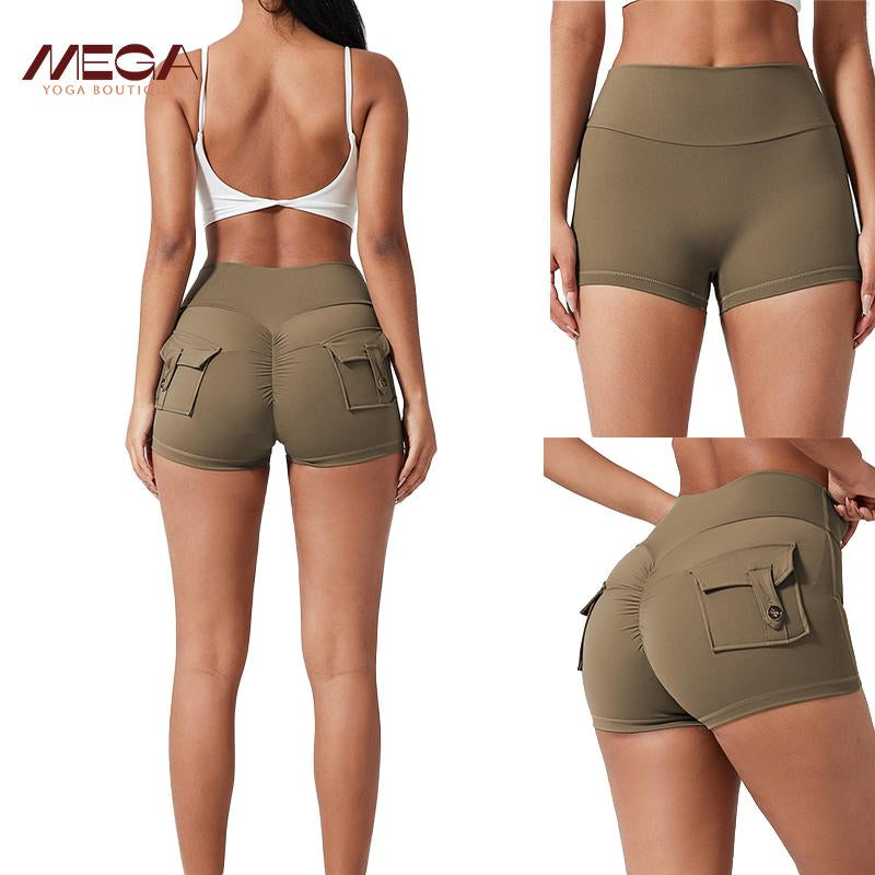 Women All-Season High Waist Ruched Skinny Sports Shorts - Cool Breathable Solid Button Pocket