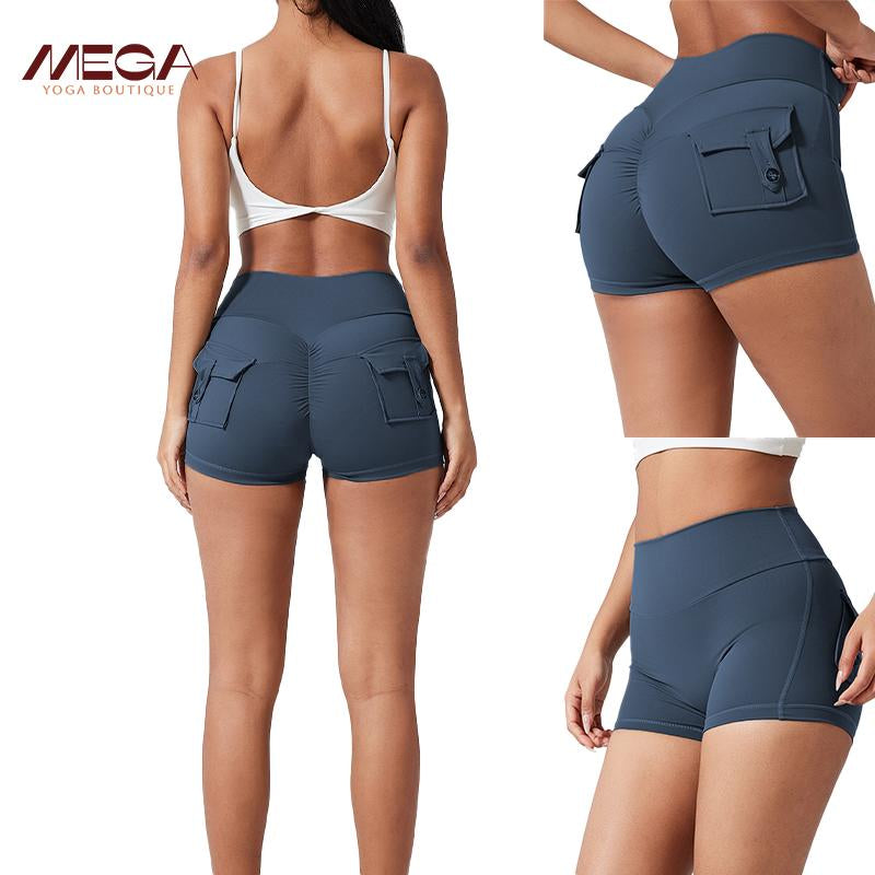 Women All-Season High Waist Ruched Skinny Sports Shorts - Cool Breathable Solid Button Pocket