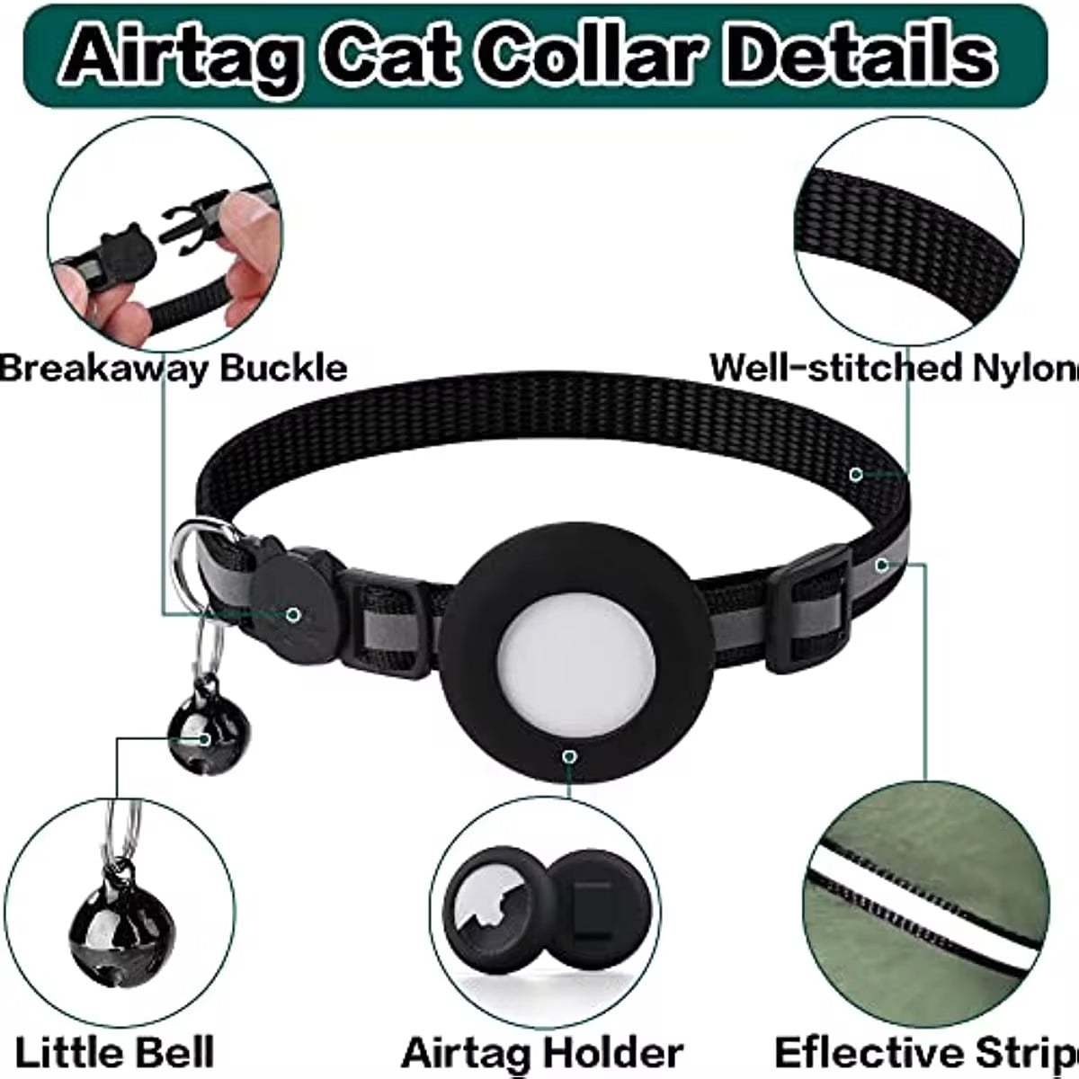 Reflective Kitten Collar with Apple Air Tag Holder and Bell for Cats, 0.4 Inches