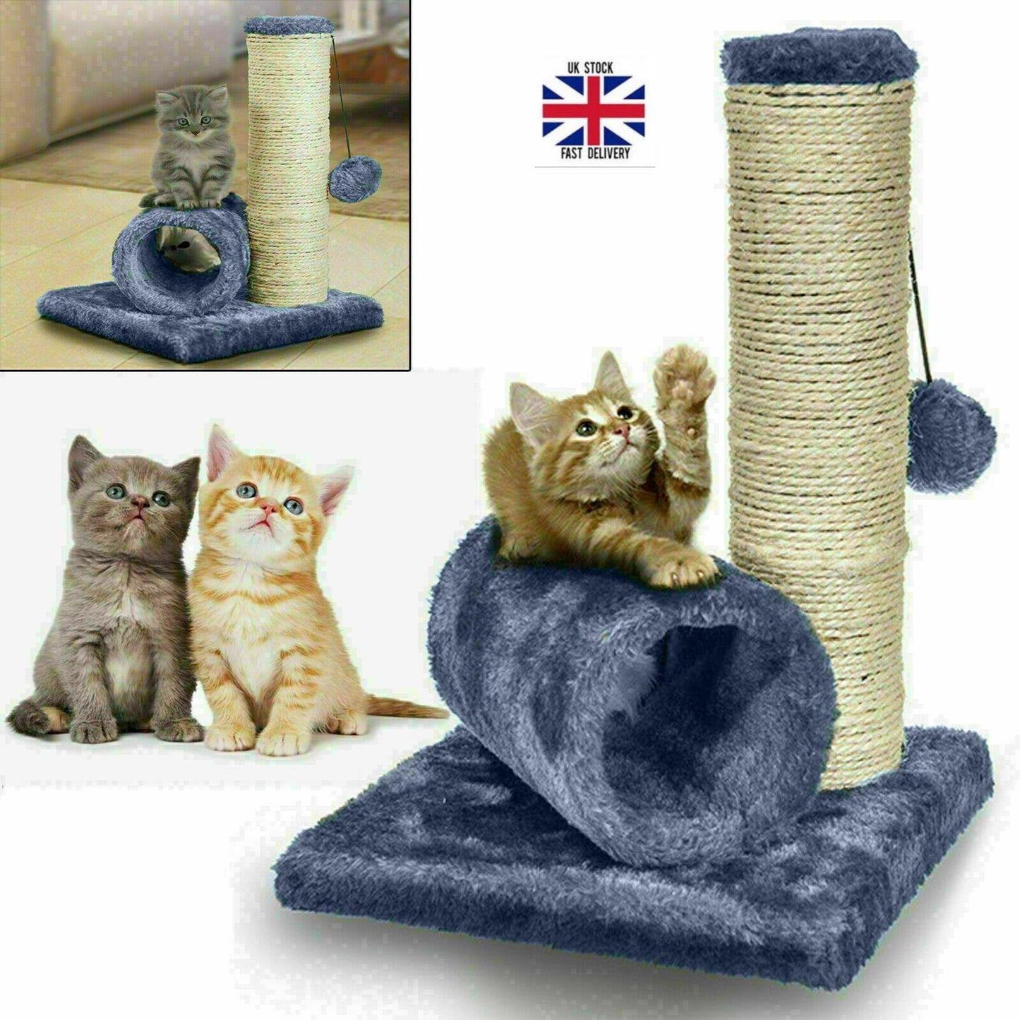 Cat Kitten Sisal Scratch Post Toy with Tunnel & Mouse Pet Play Fun Activity