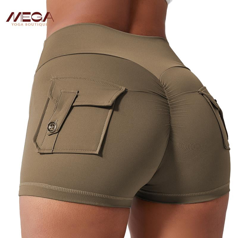Women All-Season High Waist Ruched Skinny Sports Shorts - Cool Breathable Solid Button Pocket