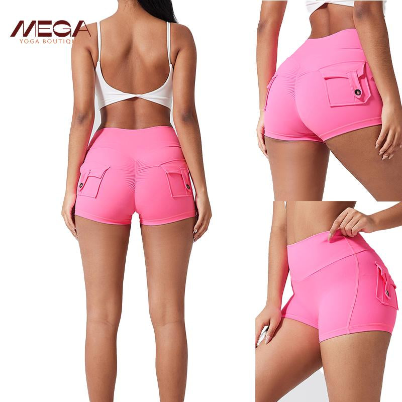 Women All-Season High Waist Ruched Skinny Sports Shorts - Cool Breathable Solid Button Pocket