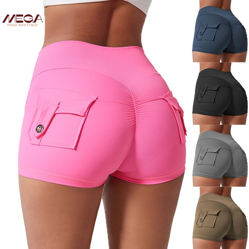 Women All-Season High Waist Ruched Skinny Sports Shorts - Cool Breathable Solid Button Pocket