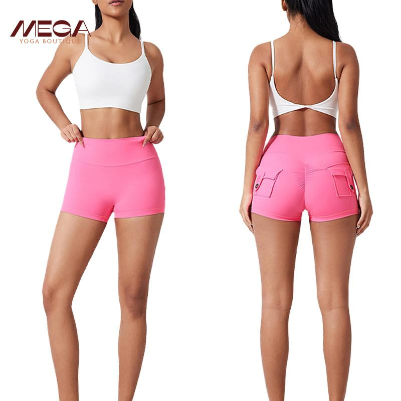 Women All-Season High Waist Ruched Skinny Sports Shorts - Cool Breathable Solid Button Pocket