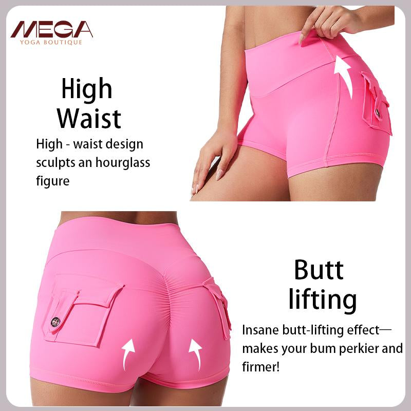 Women All-Season High Waist Ruched Skinny Sports Shorts - Cool Breathable Solid Button Pocket