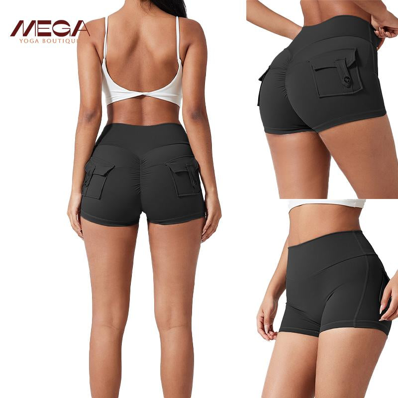 Women All-Season High Waist Ruched Skinny Sports Shorts - Cool Breathable Solid Button Pocket