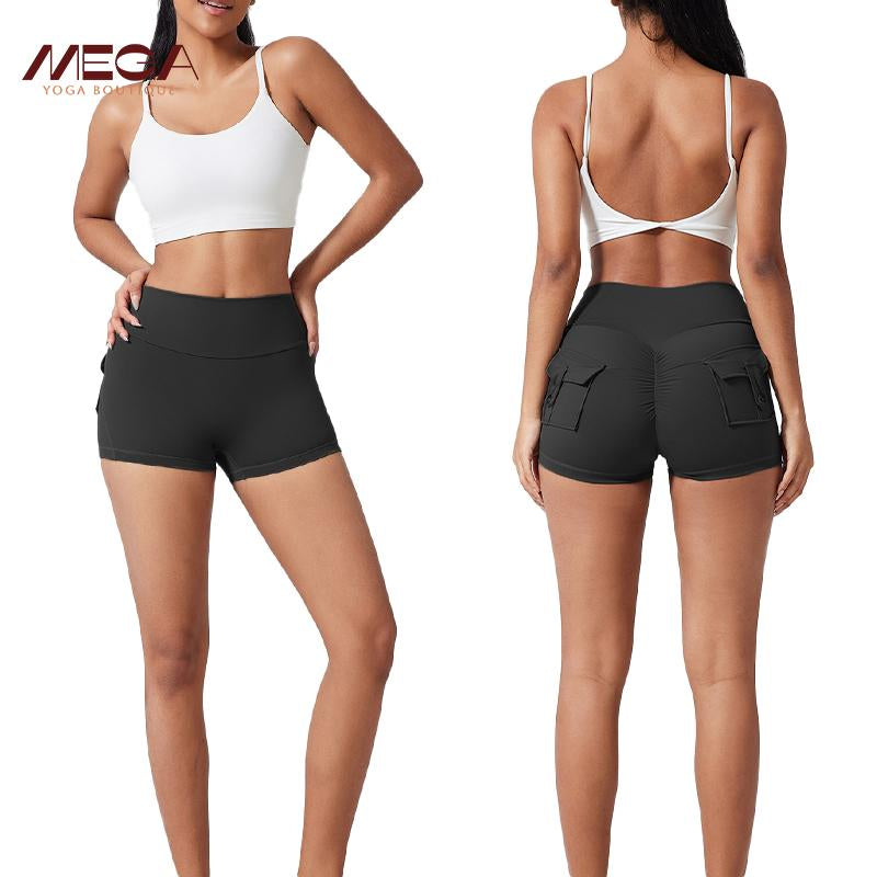 Women All-Season High Waist Ruched Skinny Sports Shorts - Cool Breathable Solid Button Pocket
