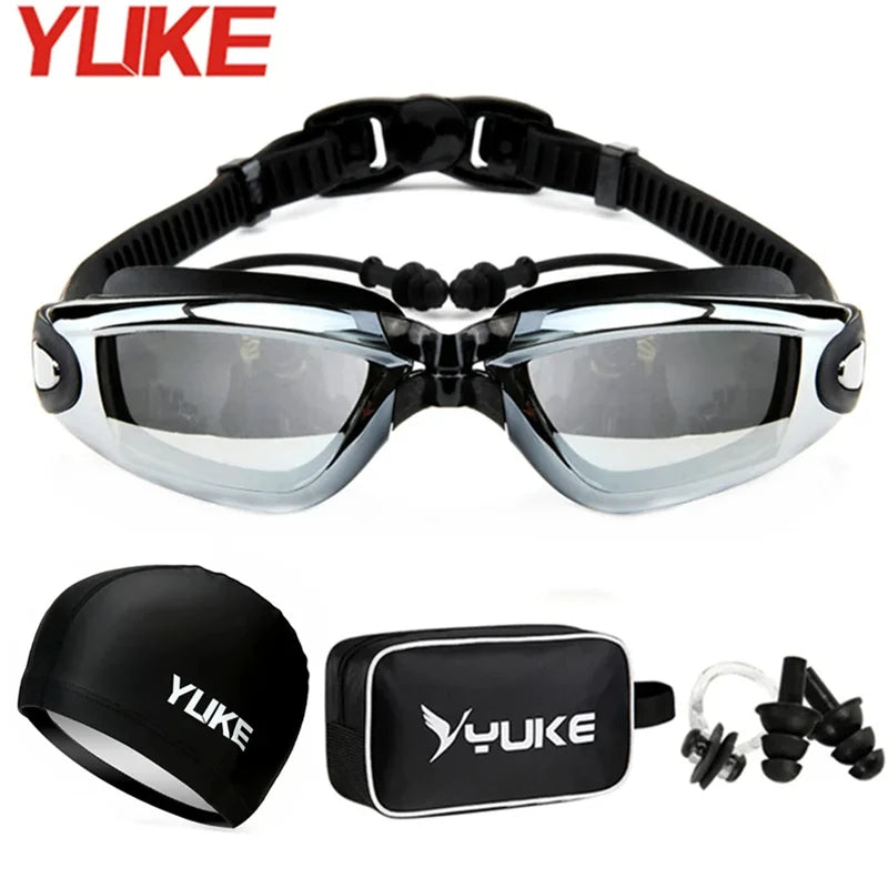 Professional Silicone Swimming Goggles with Earplug, Swim Cap and Bag - Adult Pool Glasses anti Fog