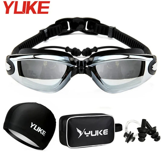 Professional Silicone Swimming Goggles with Earplug, Swim Cap and Bag - Adult Pool Glasses anti Fog
