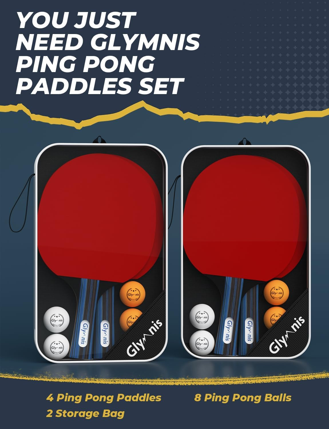Table Tennis Set Portable Ping Pong Set with 4 Premium Table Tennis Paddles, 8 Professional Game Balls and Portable Storage Bag